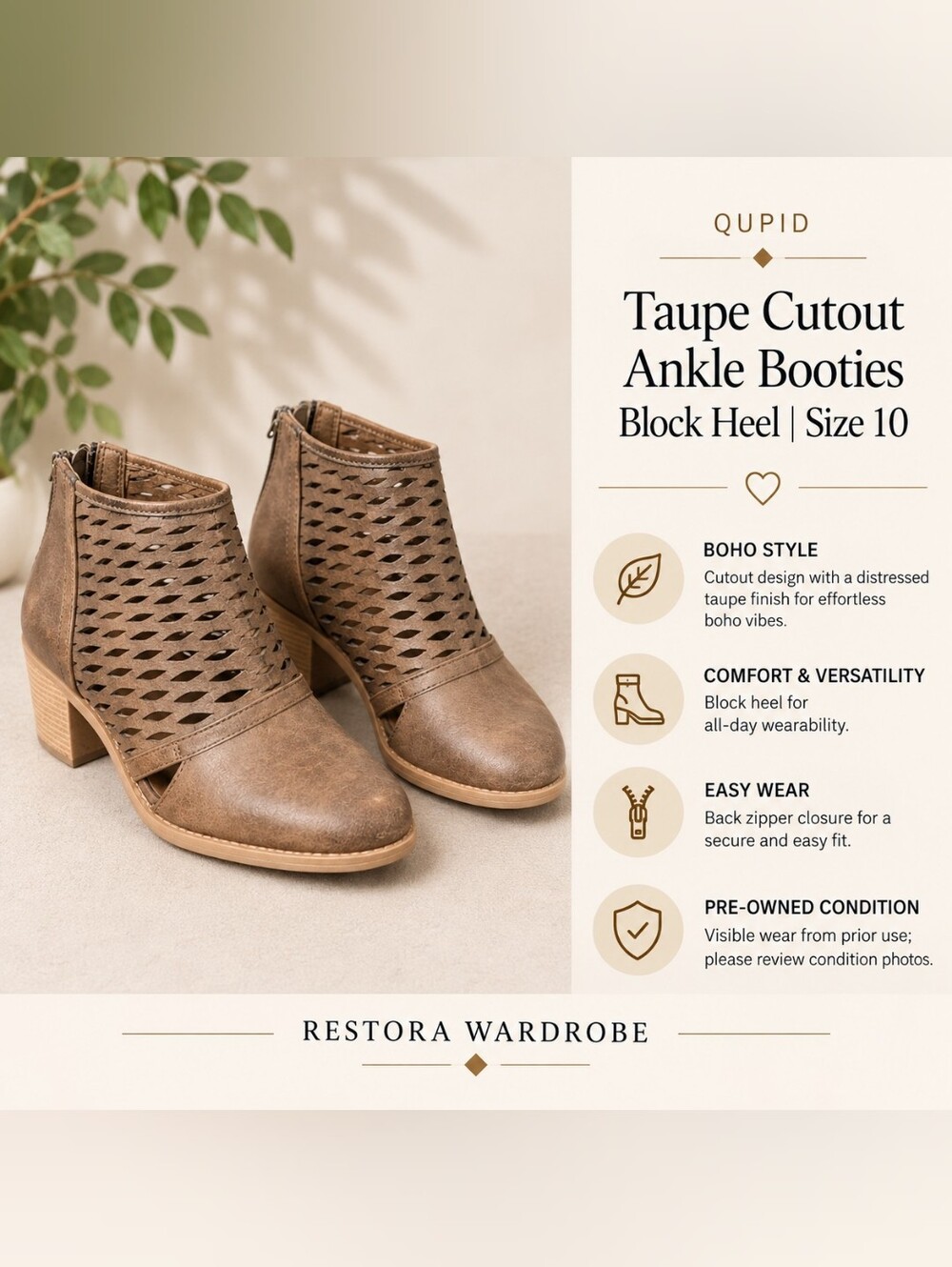 Qupid Cutout Ankle Booties Taupe Peep Toe Block Heel Size 10 Boho